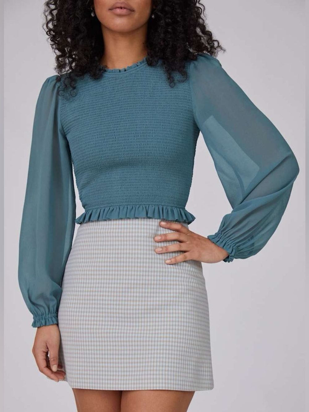 WILFRED Smocked Ruffle-Hem Long Sleeve Blouse